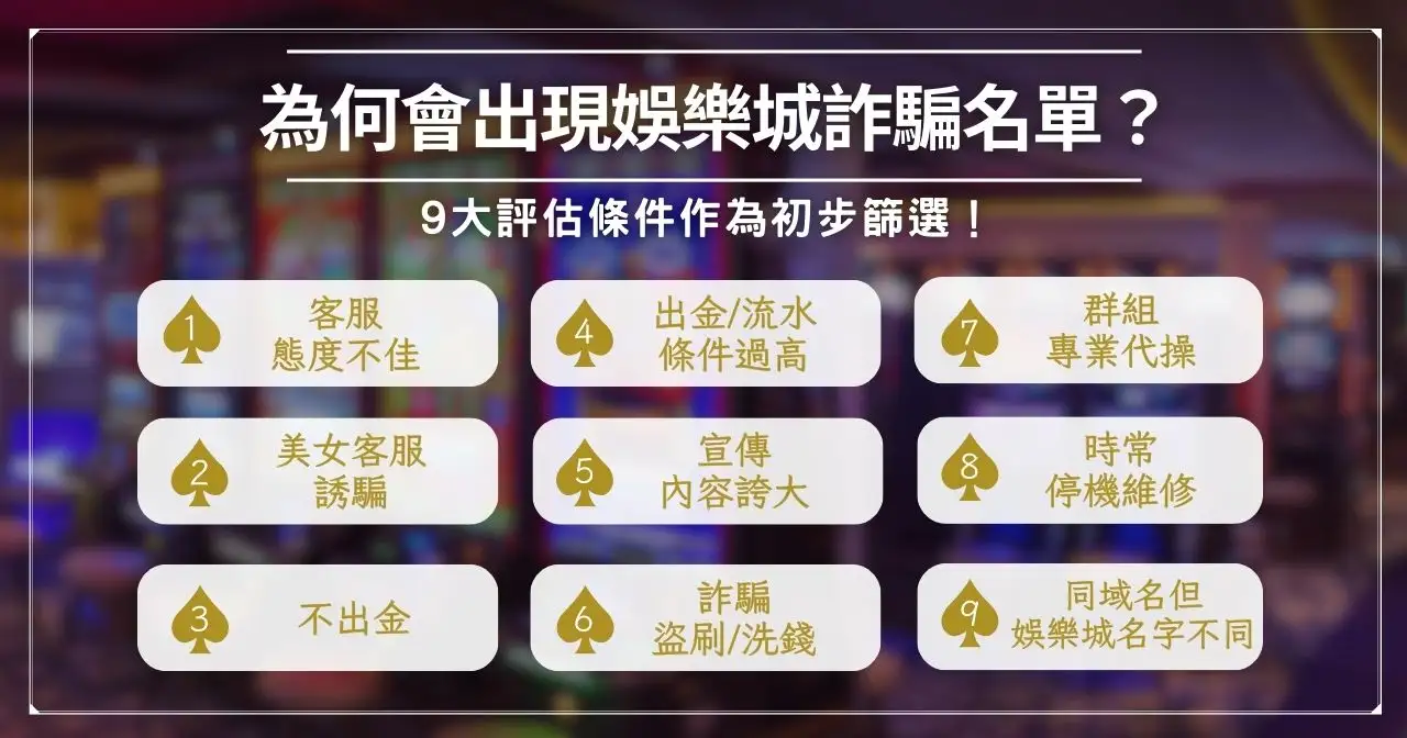 2024 最新娛樂城詐騙名單!總計 40 間黑名單小心越玩越窮! 1 為何會出現娛樂城詐騙名單? 9 大評估條件作為初步篩選!